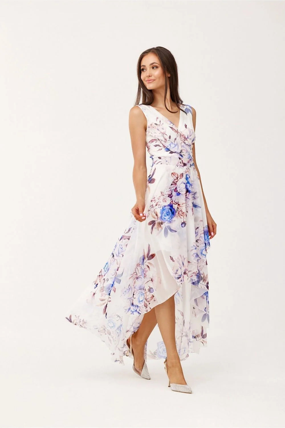 Robe de cocktail élégante longue sans manches décolleté V croisé motifs floraux bleu rose femme