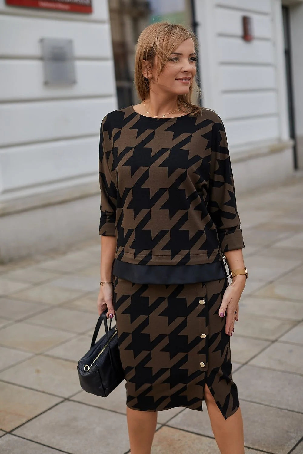 Ensemble deux-pièces pour femmes motif pied-de-poule maille jacquard douce manches trois-quarts jupe crayon boutons dorés