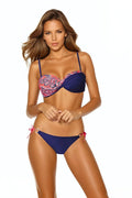 Bikini femme élégant deux pièces design bandeau motif paisley couleurs vives bleu marine rouge nylon polyester ajustable support poitrine