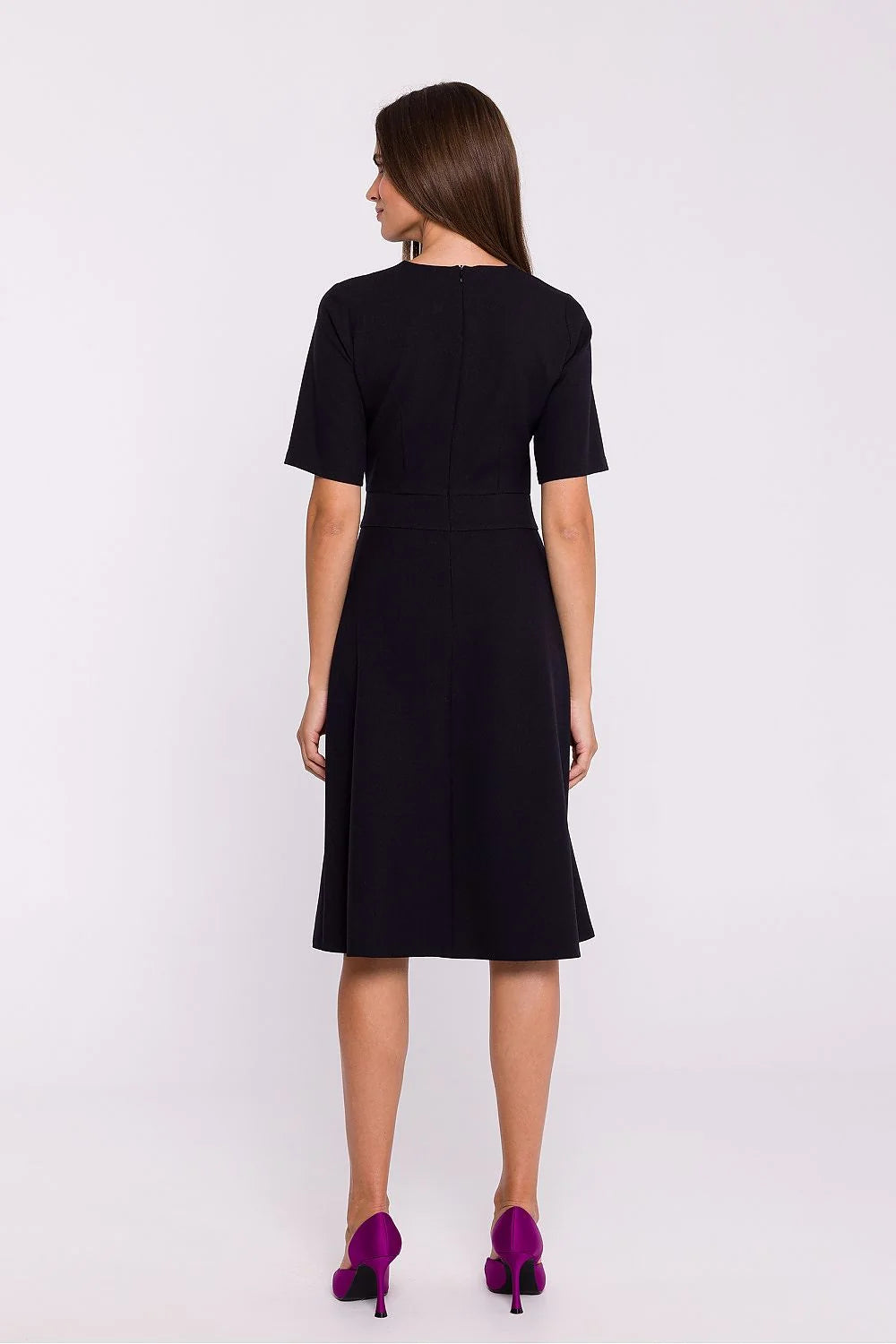Robe de jour élégante manches courtes en tissu doublure trapèze genoux noir polyvalente femme