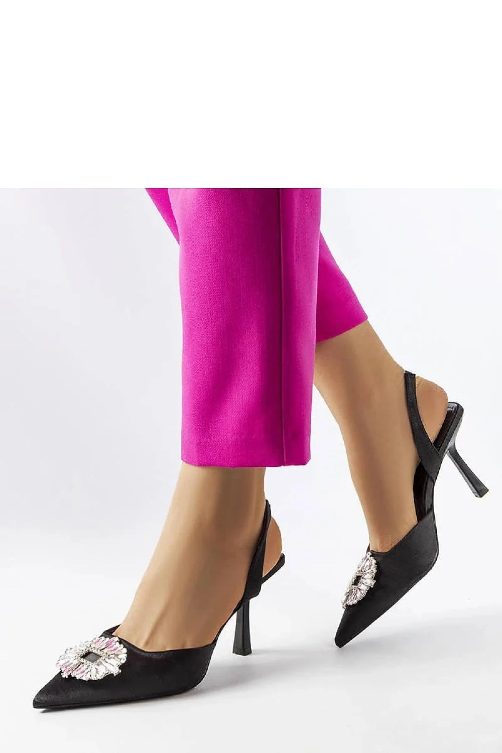 Escarpins élégants à talon stiletto高12cm, design slingback, bijoux scintillants, matière satinée noire, idéal pour soirées, femmes