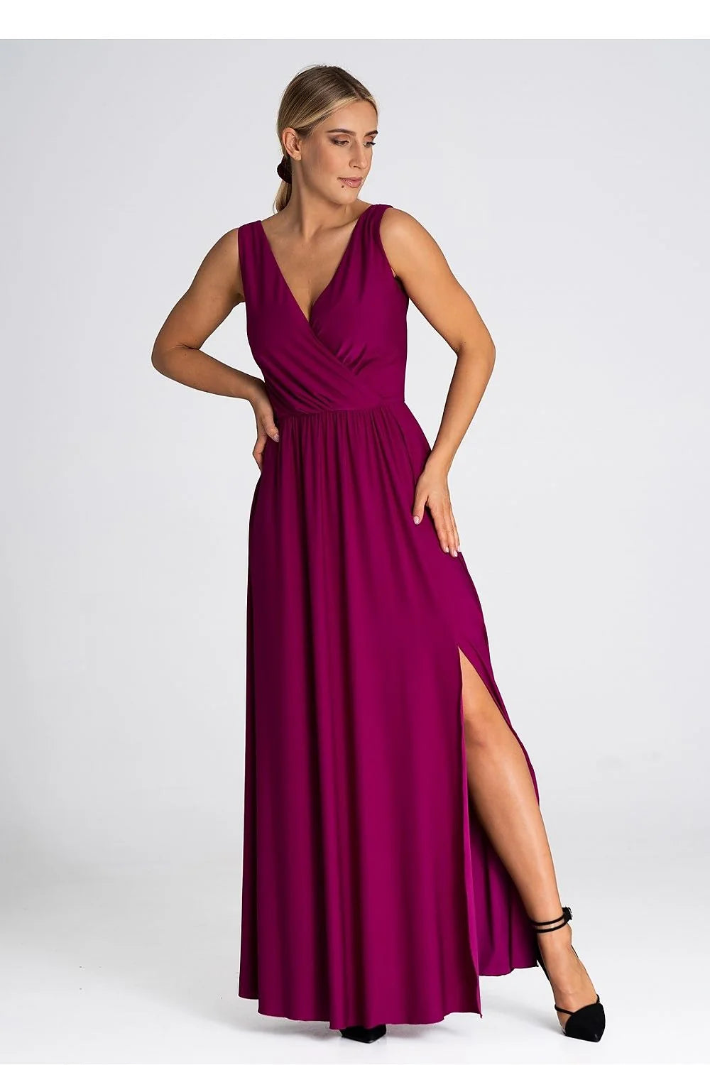 Robe longue élégante sans manches décolleté V croisé magenta profond polyester élasthanne ajustée jupe évasée femmes occasion spéciale