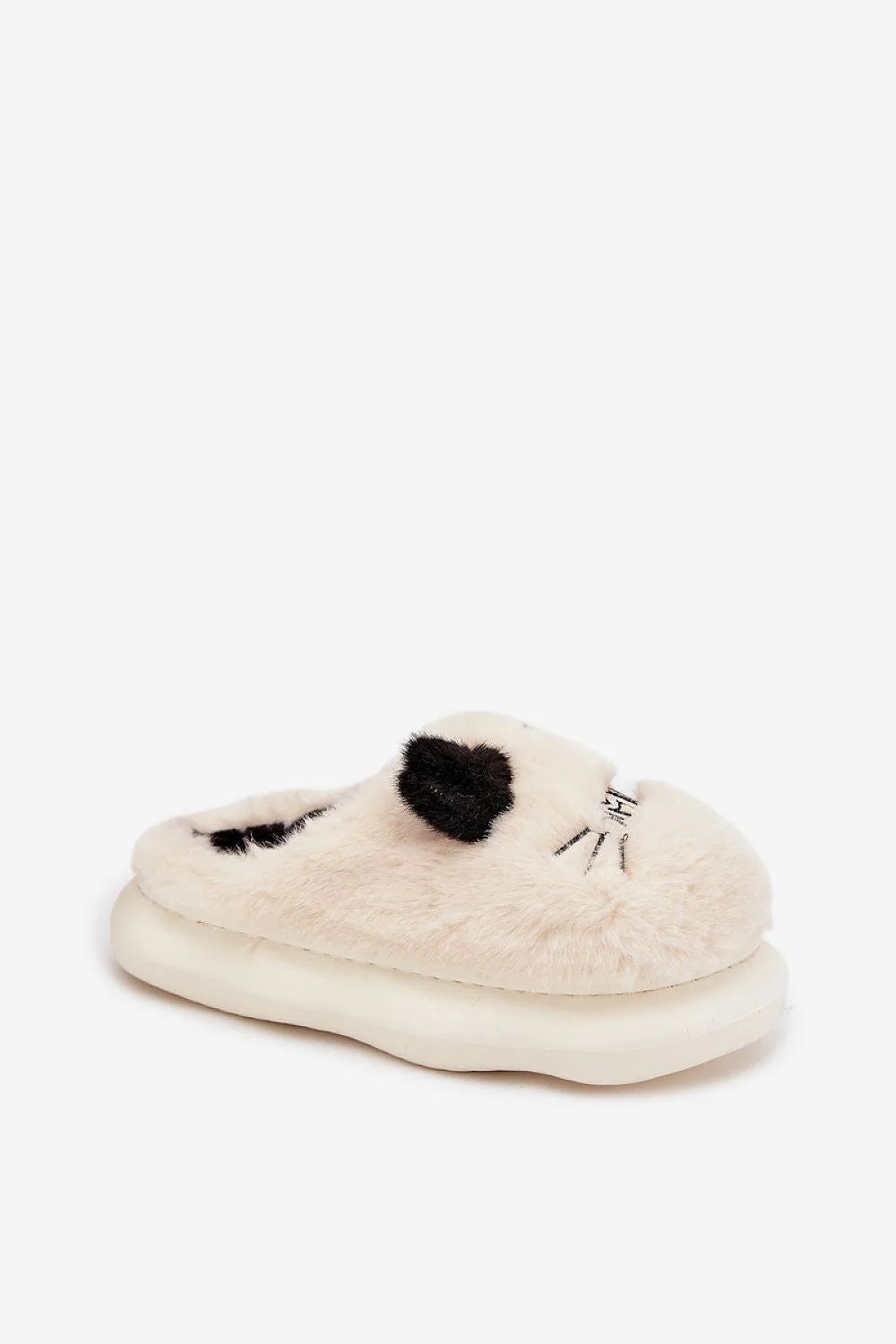 chaussons mules intérieur fourrés fausse fourrure crème broderie tête chat oreilles contrastantes noires semelle épaisse crantée blanche confortables chauds smile