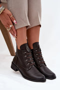 bottines femme basses Jezzi similicuir marron foncé lacées oeillets métalliques bouts arrondis doublée fourrure plaque décorative talon carré petit confort