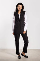 gilet blazer femme noir sans manches tailleur col cranté fermeture bouton poches rabat coupe longue élancée structurée élégante
