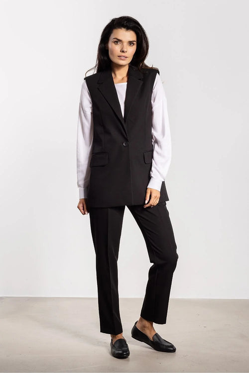 gilet blazer femme noir sans manches tailleur col cranté fermeture bouton poches rabat coupe longue élancée structurée élégante