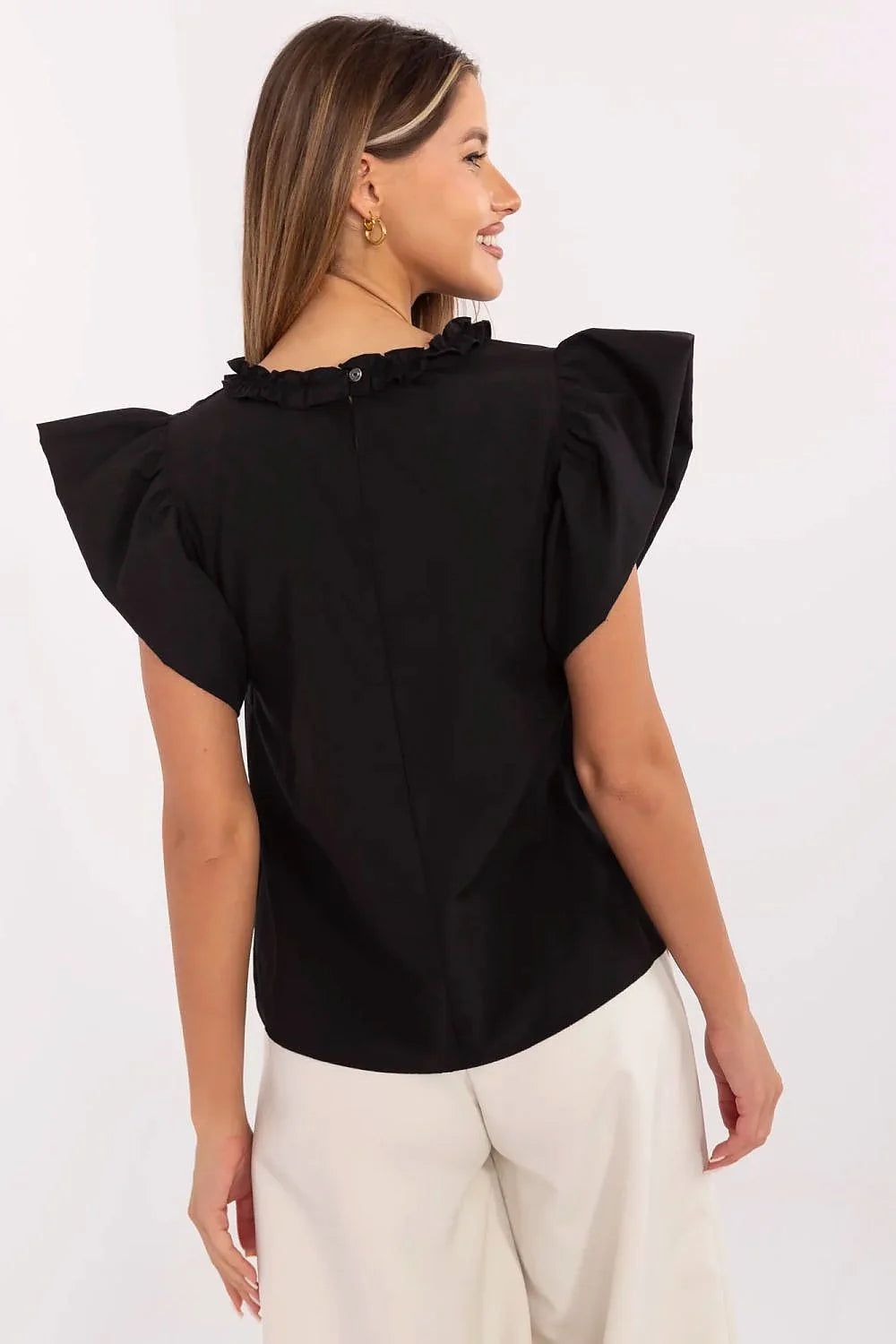 Lakerta chemisier noir coton doux manches courtes oversize encolure ronde fronces épaules volantées coupe ample boxy satinée