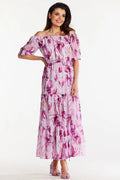 Robe longue bohème chic imprimé floral rose violet Bardot manches 3/4 élastique taille ajustable femme polyester