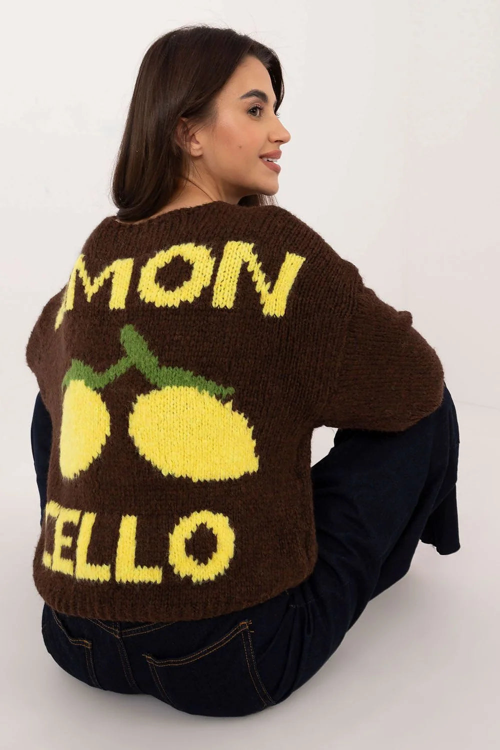 Cardigan décontracté pour femme en tricot épais motifs citron couleur brun profond boutons classiques manches longues