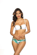 Maillot de bain deux pièces Etna style moderne bandeau broche pierres décoratives motif tropical blanc vert nylon élasthanne femme plage été