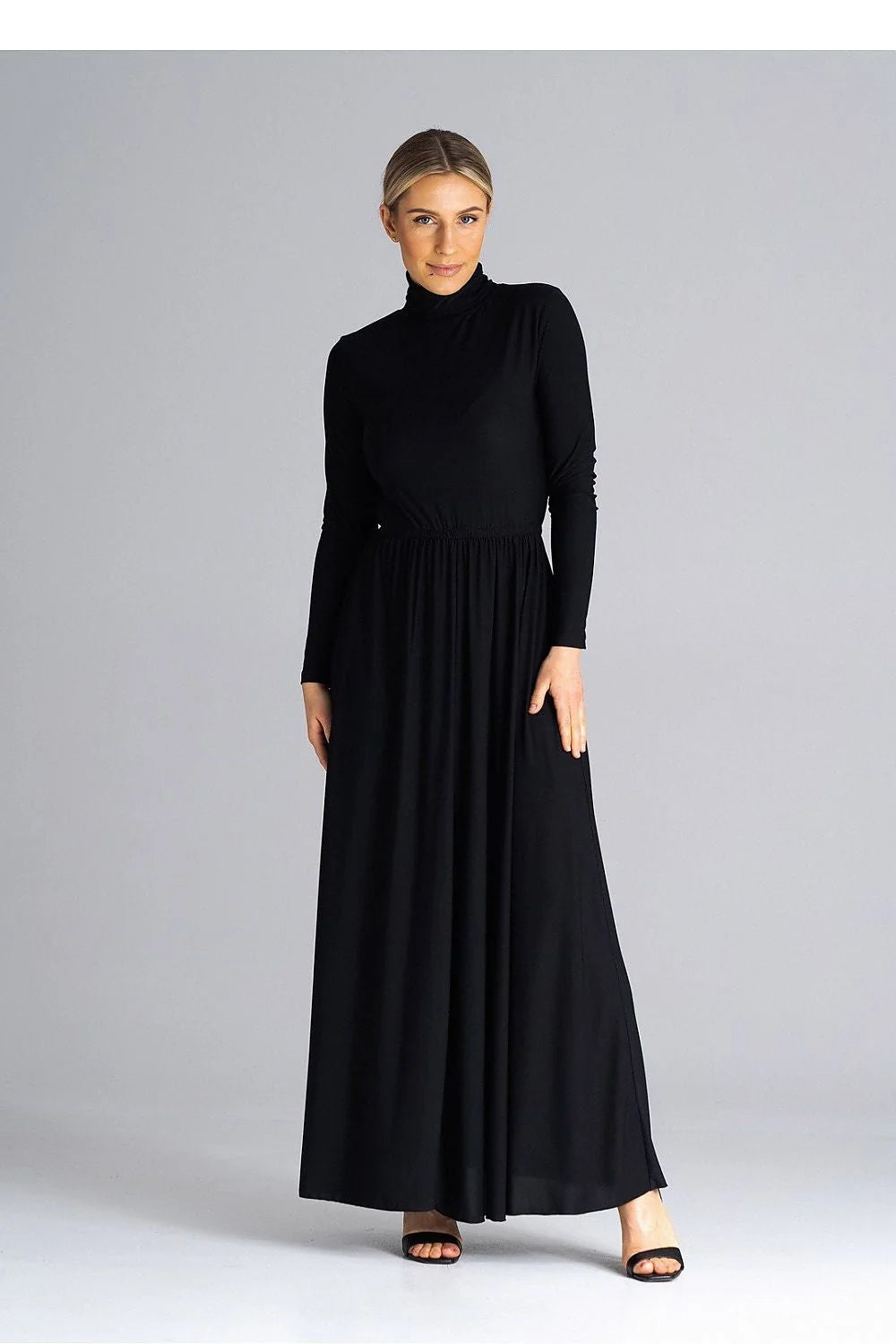 robe longue col roulé manches longues fente frontale taille élastiquée polyester elasthanne jersey fluide extensible jupe ample noir élégante