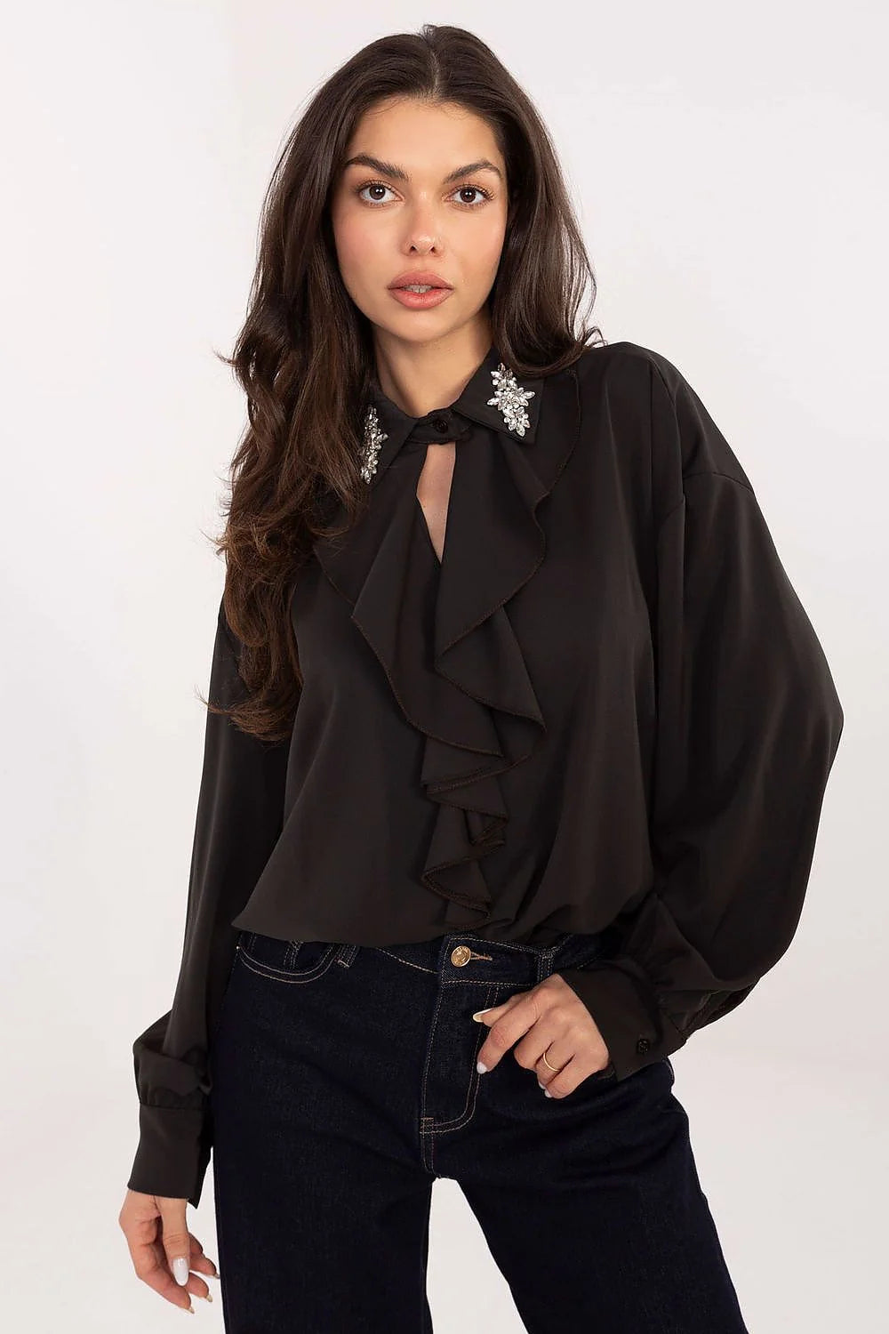 chemisier élégant exceptionnel soirée travail motif lisse polyester léger agréable silhouette dos long volant subtil manches bouffantes confortable