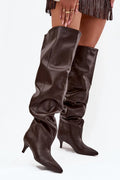 cuissardes femme simili cuir marron foncé tige large slouchy mi cuisse pointe pointue talon kitten 6cm confortable rétro élégant