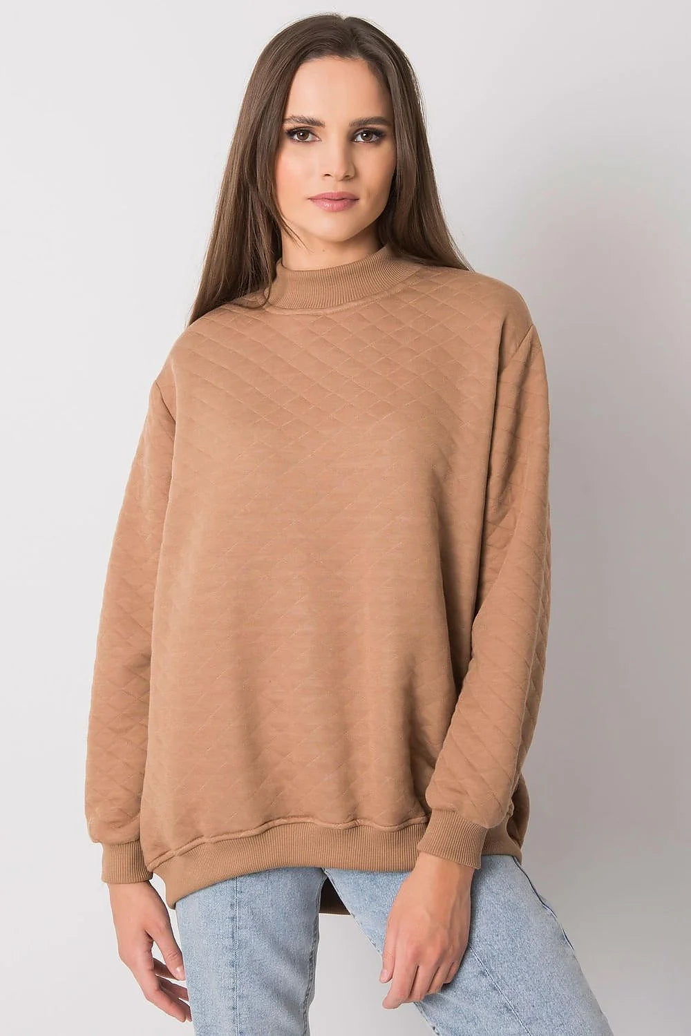 Pull pour femmes oversize en coton et élasthanne motif carreaux beige clair manches longues poignets côtelés
