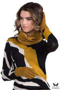 Écharpe Infinity Kamea en laine mérinos et acrylique, style audacieux, motifs abstraits, noir, blanc, ocre, doux, chaud, coupe ajustée, pour femmes, automne-hiver, made in Poland