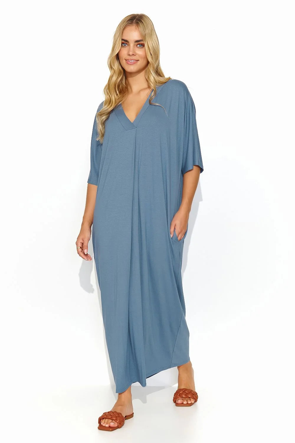 robe longue maille légère décolleté V manches mi longues poches latérales coupe fluide ample jersey extensible maxi cheville bohème confortable