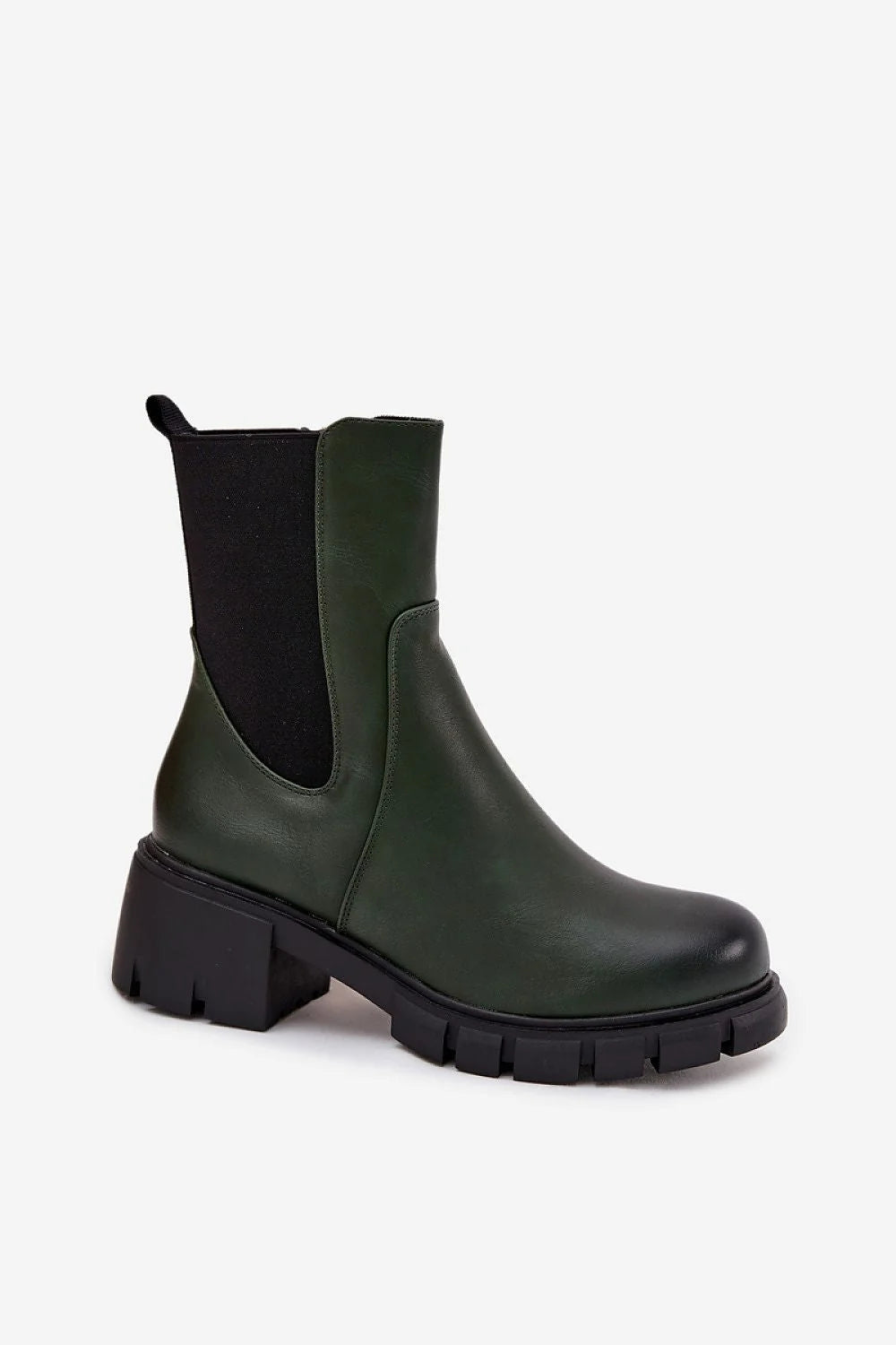 bottes femme chelsea vert forêt cuir écologique lisse bout rond talon bloc semelle crantée antidérapante zippée empiècement élastique