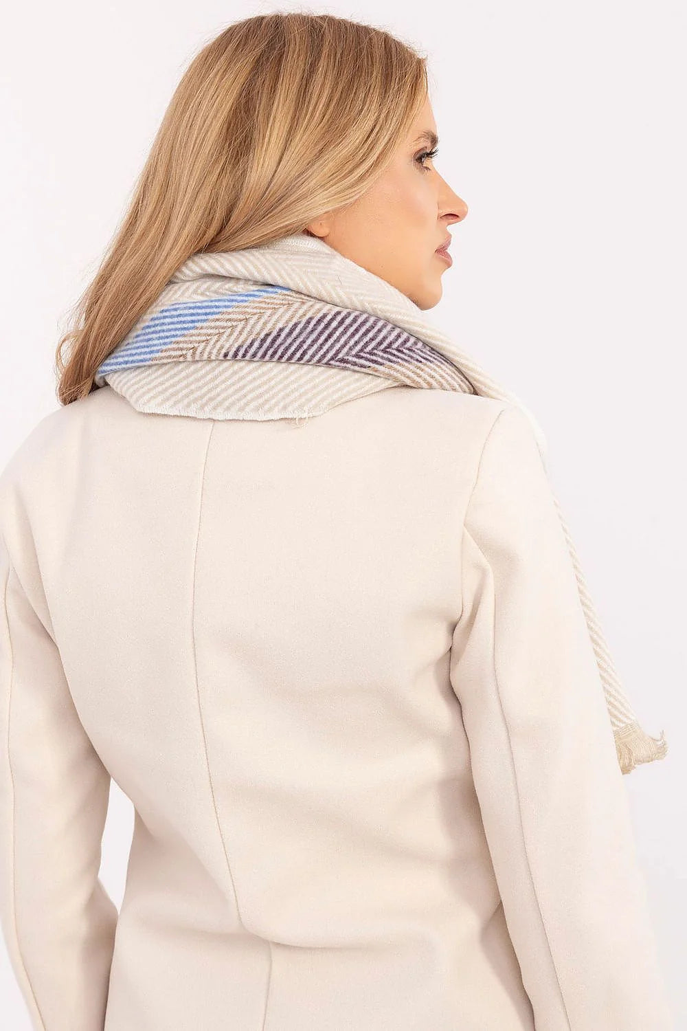écharpe oversize femme étole viscose 194cm douceur chaude cocooning motif chevrons beige rayures diagonales bleu vert franges effilées