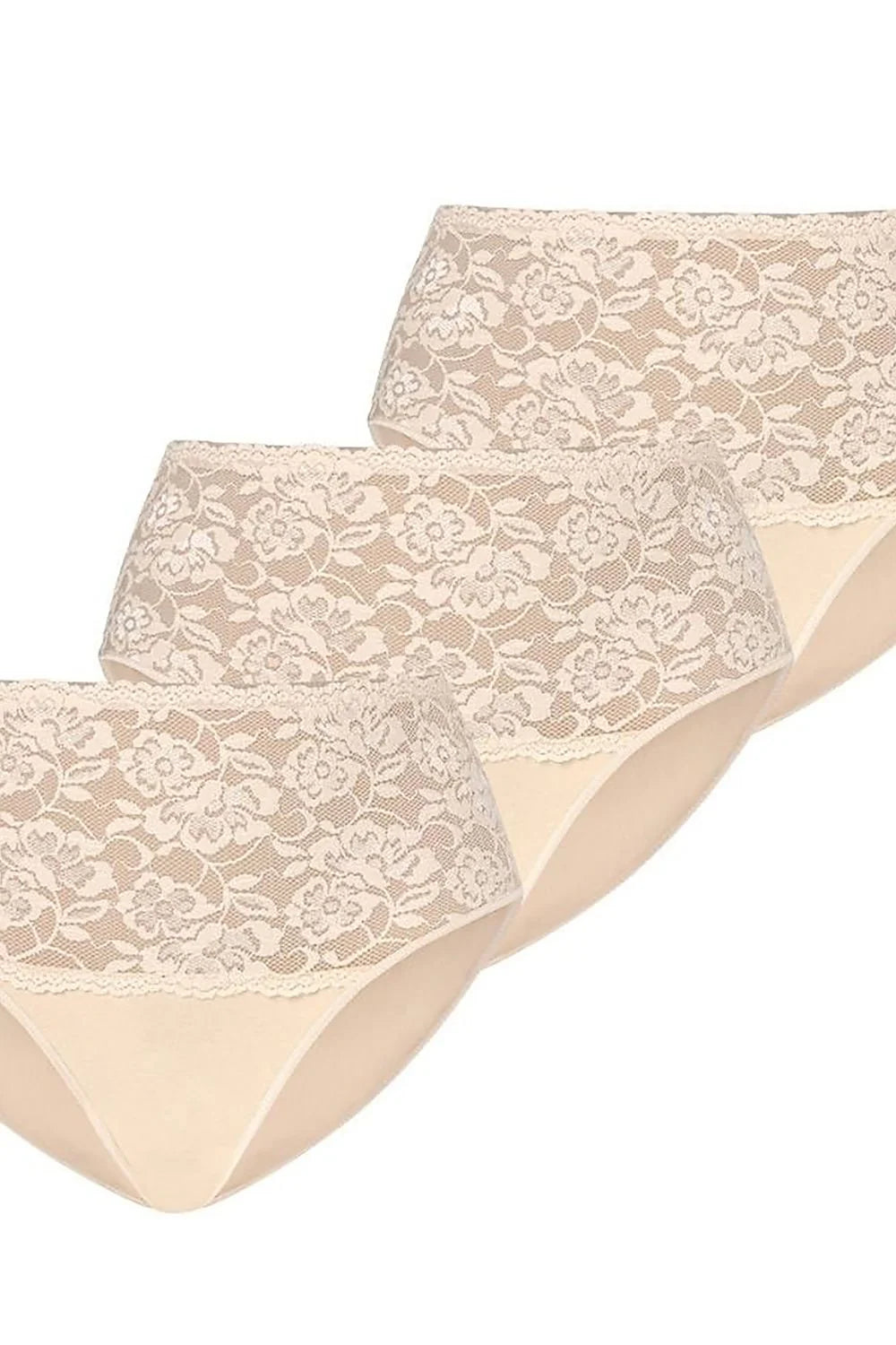 lot trois culottes taille haute couvrance maintien dentelle florale ajourée coton élasthanne extensible beige douceur discrétion