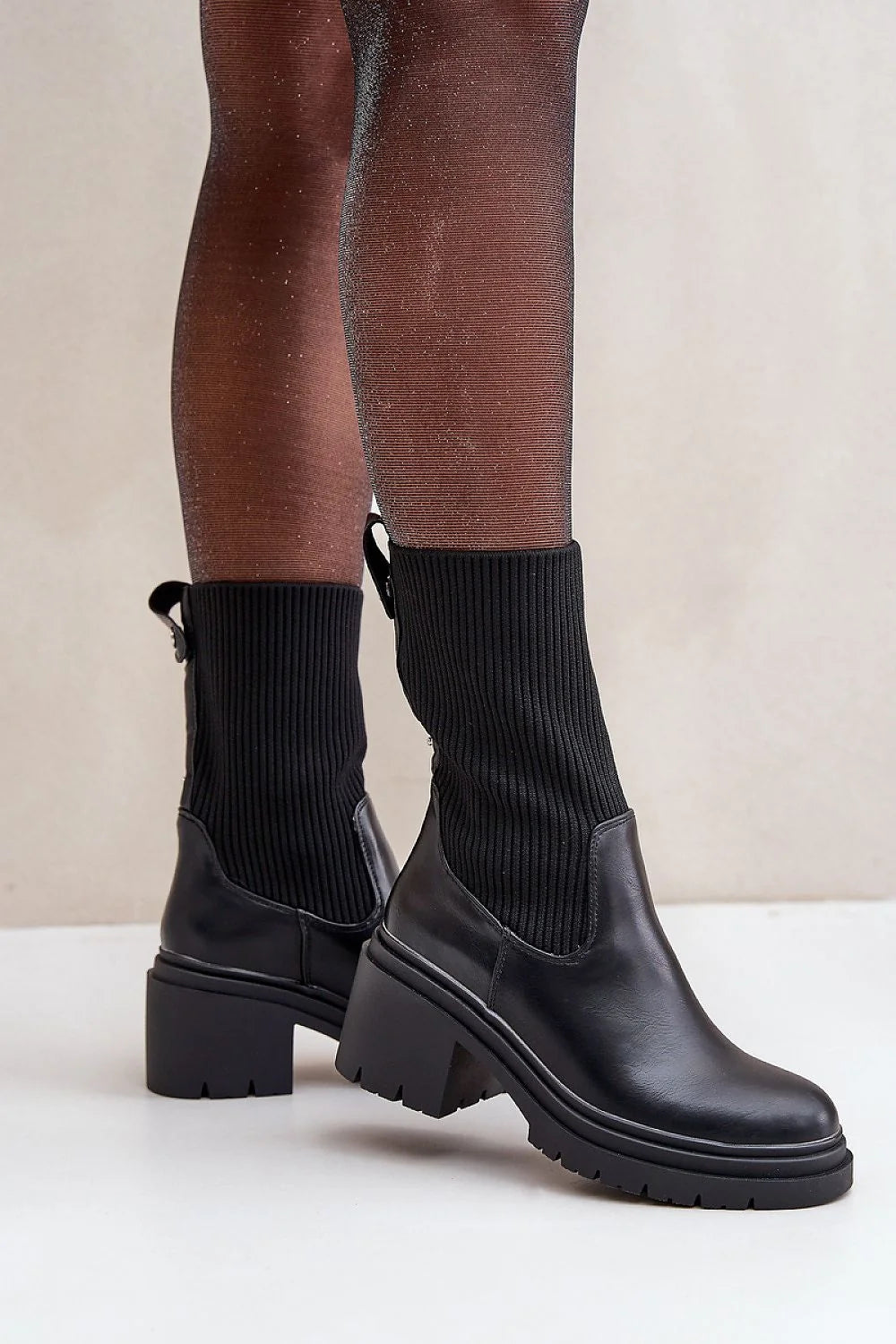 Bottes femmes talon bloc cuir écologique tissu noir tige élastique bottines modernes Chelsea style