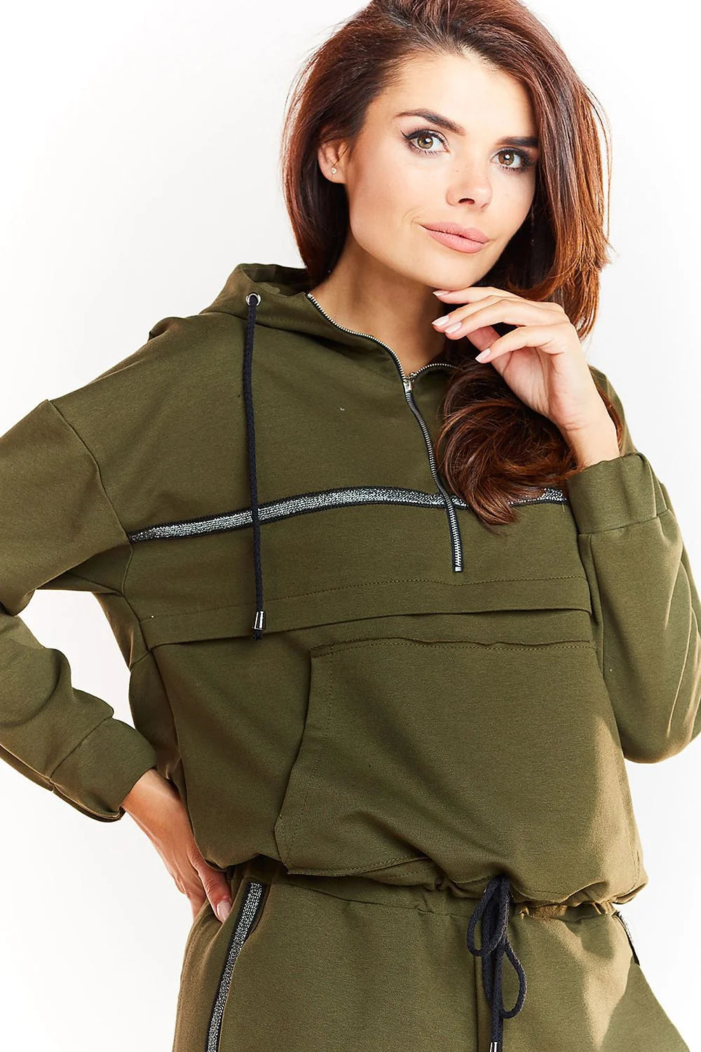 Sweatshirt femme coton doux style décontracté vert kaki capuche confortable bande brillante sportive moderne