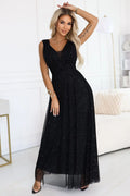 robe longue noire pailletée soirée décolleté V bretelles larges buste drapé taille cintrée aline fluide jupe tulle doublée scintillante Numoco