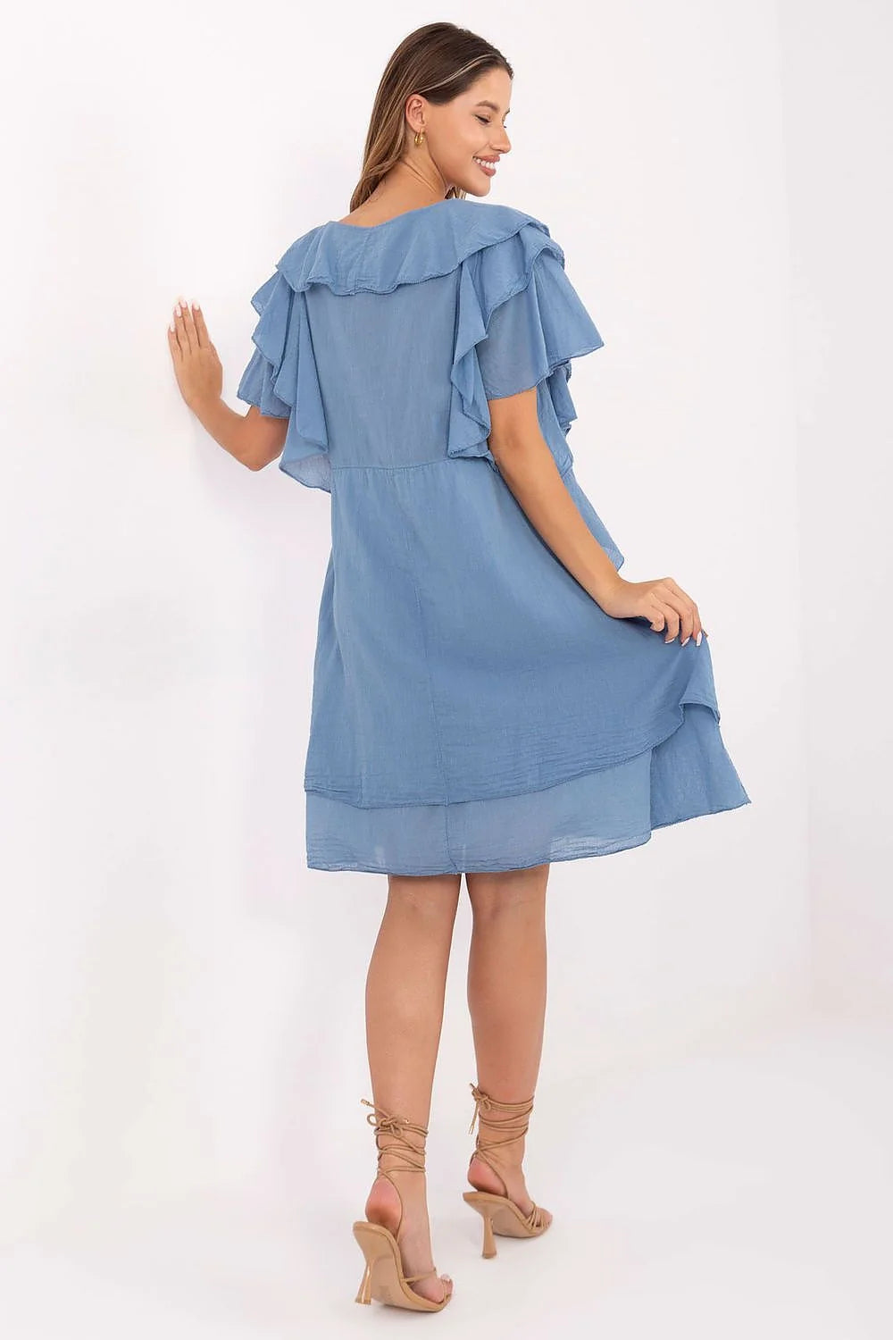 robe bohème été coton bleu pastel manches volantées coupe ample encolure V lien fluide gaufré superpositions asymétriques tombé aérien romantique