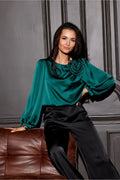 Chemisier Roco Fashion vert émeraude satiné manches longues bouffantes fleur tissu épauleemode élégant femmes