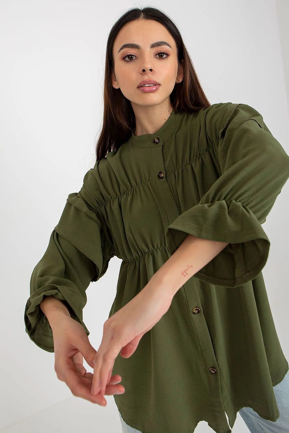 Chemise manche longue Och Bella pour femme, coupe ample, volants, Polyester 100%, élégante, moderne, occasions multiples