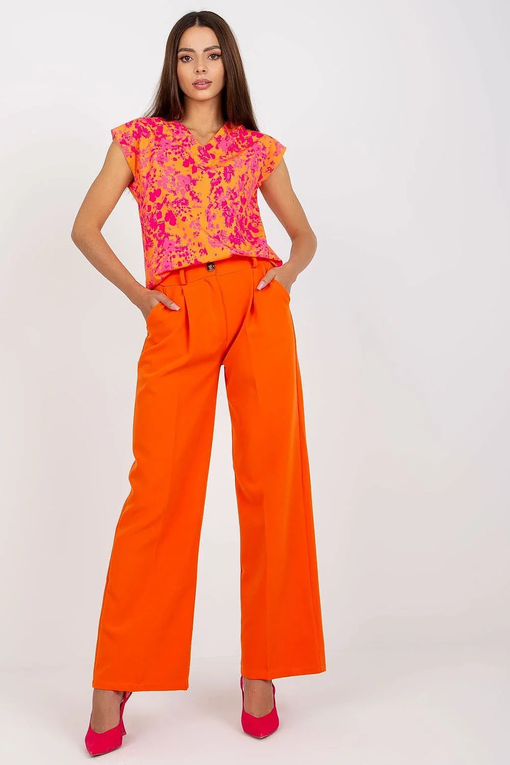Pantalon femme Italy Moda avec chemisier imprimé floral, blanc, taille haute, élasthanne, polyester, occasion estivale, style chic, coupe évasée