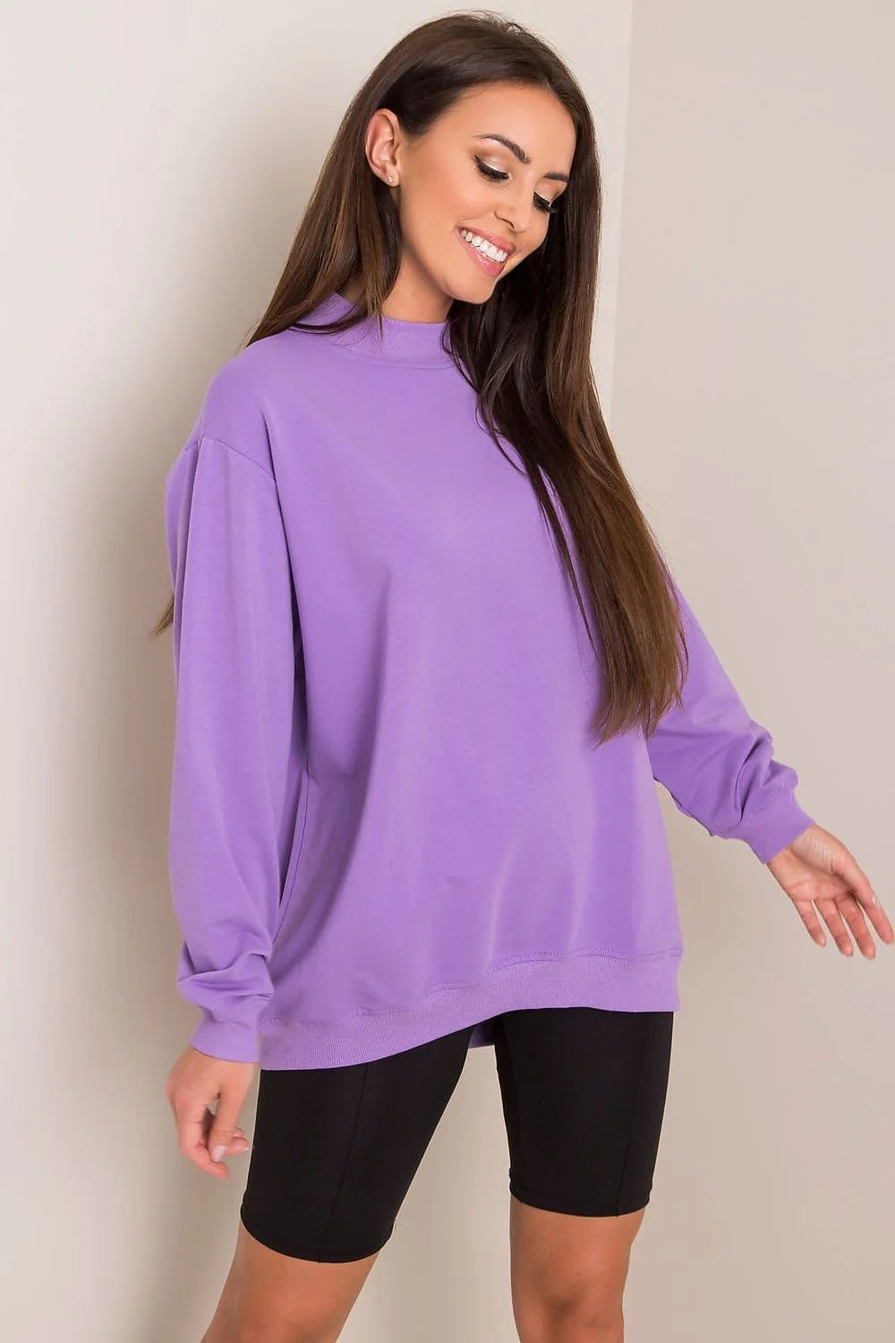 Sweatshirt BFG pour femme en coton 90% élasthanne 10%, style casual oversize, couleur bleu vif, manches longues, col rond côtelé, idéal pour tenues urbaines et décontractées