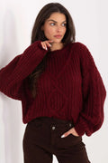pull oversize femme grosse maille torsadée bordeaux col rond coupe boxy courte manches bouffantes côtelé cocooning