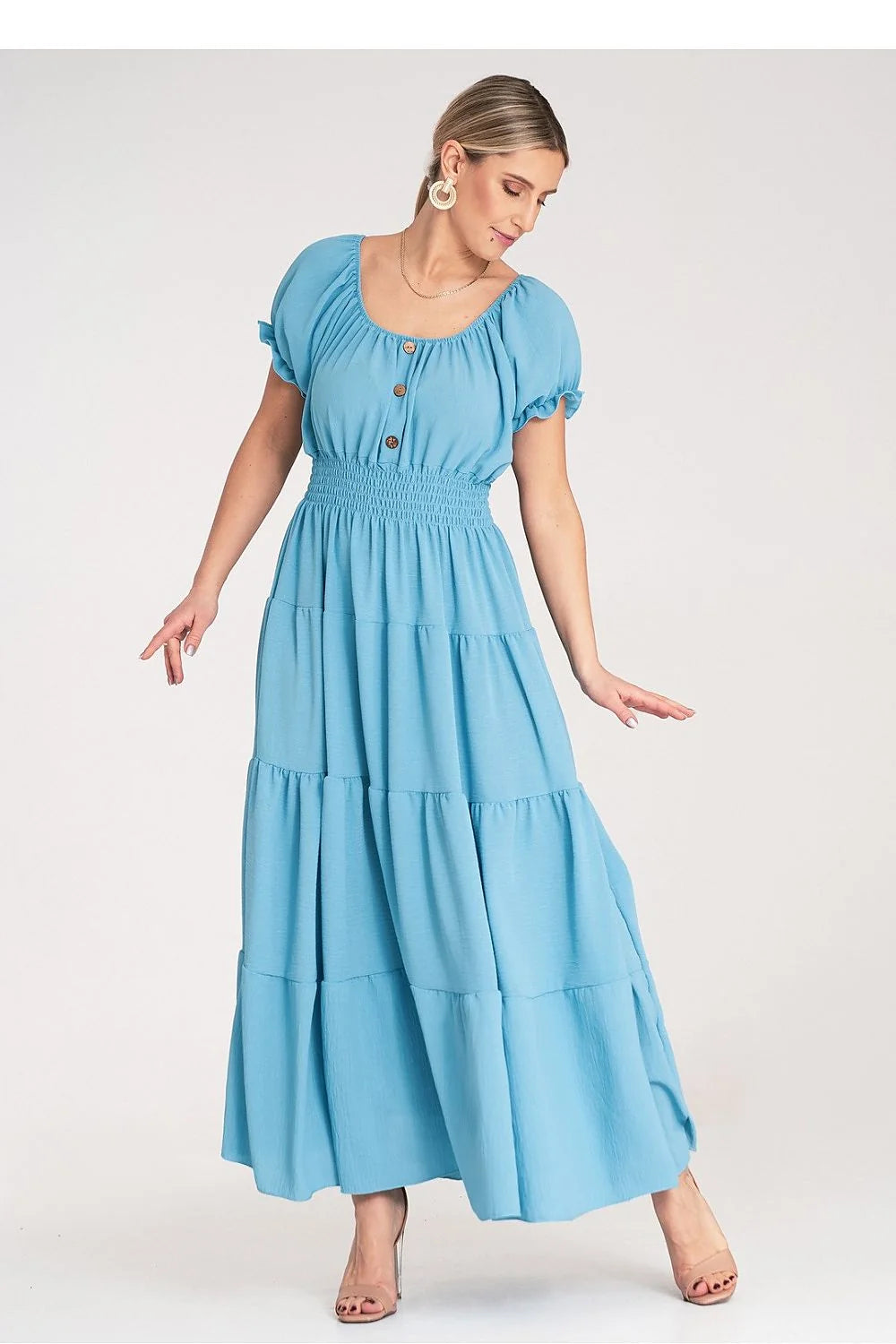 Robe de jour bohème style Bardot manches bouffantes tissu léger bleu ciel polyester elasthanne femme été occasion décontractée