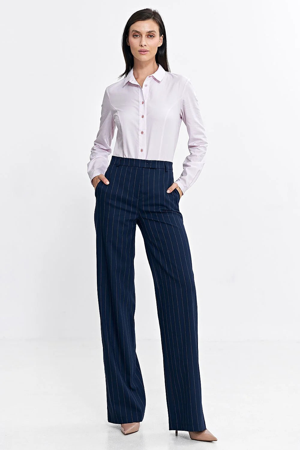 Pantalon long Nife élégant pinstripe femme taille haute coupe ajustée polyvalent