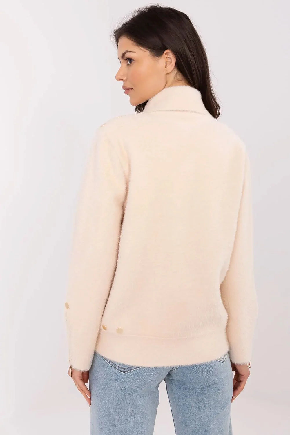 Veste élégante pour femme en laine et polyester couleur beige clair coupe droite avec boutons dorés manches longues sans capuche