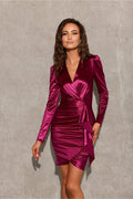 Robe de soirée élégante en satin fuchsia manches longues décolleté V taille ajustable pour femme
