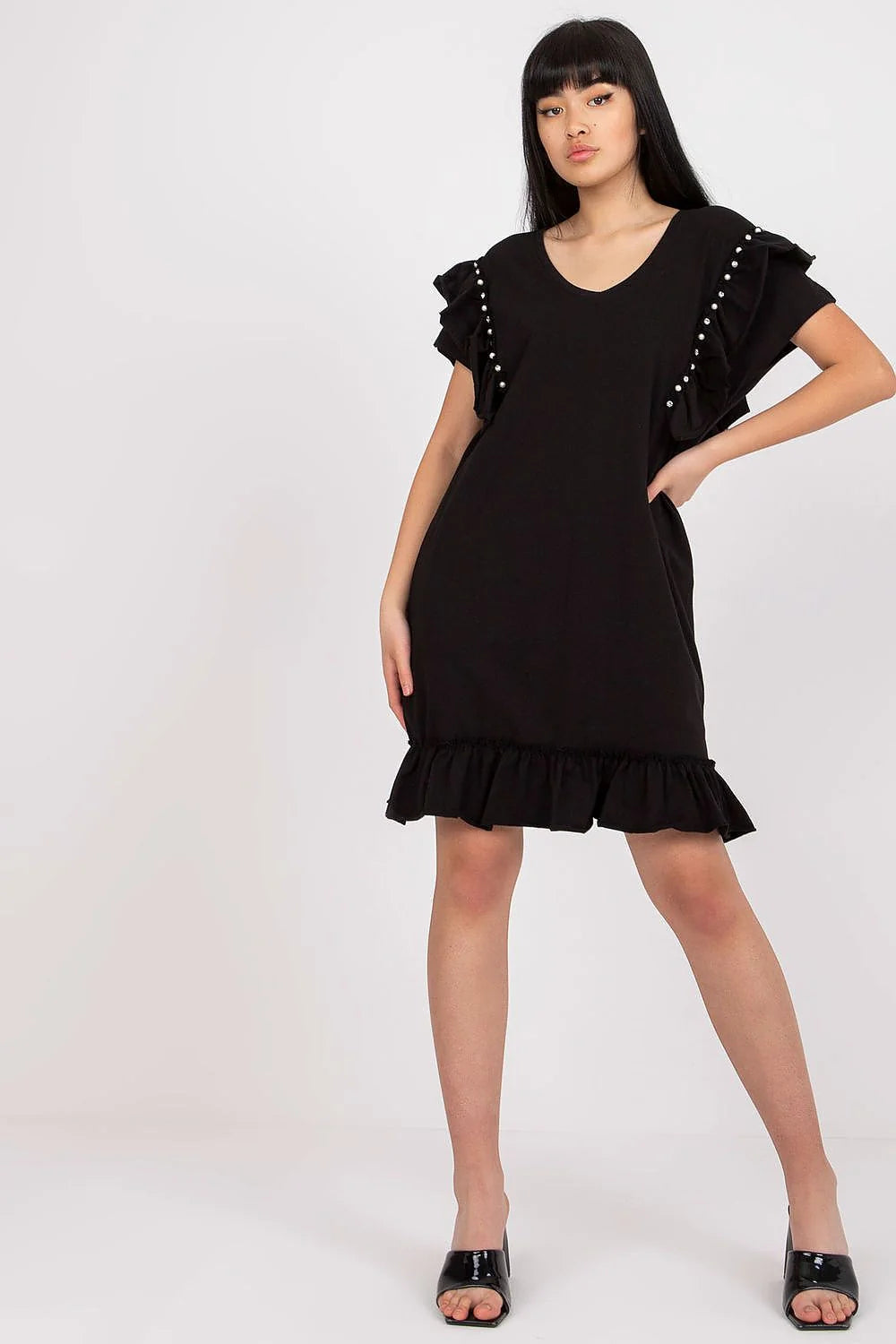 robe estivale corail légère fluide coton viscose col rond coupe droite manches courtes volants perles ourlet volanté féminine chic confortable
