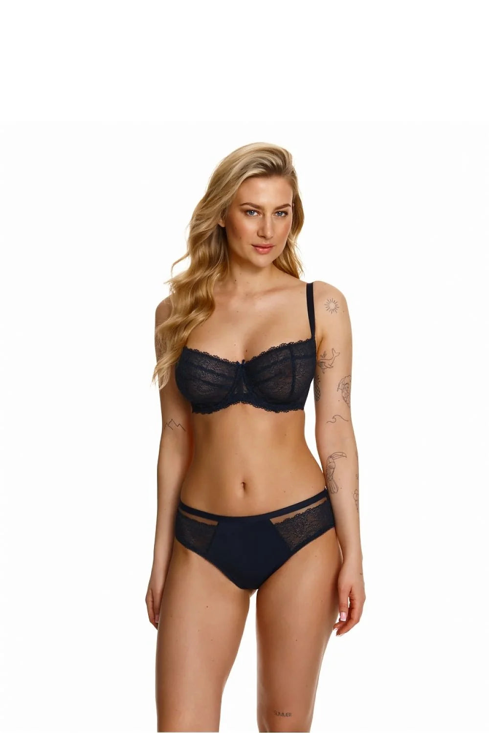 Ensemble lingerie féminine élégant dentelle microfibre bleu marine ajustable occasion spéciale quotidienne