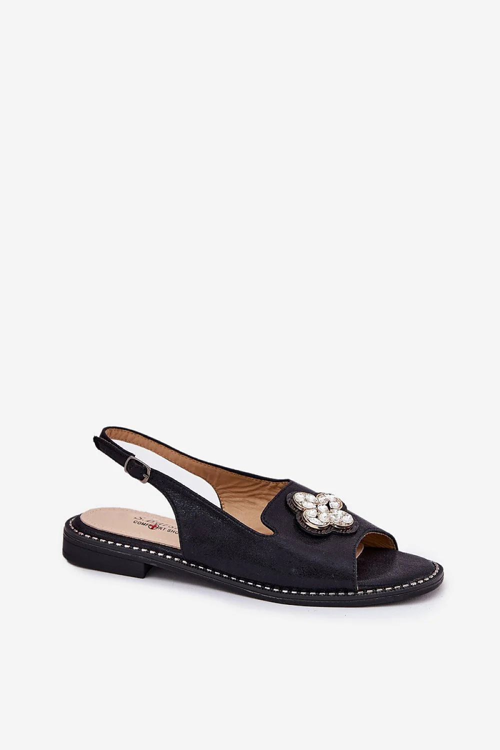 sandales femme cuir artificiel noir suédine ouvertes bride arrière slingback ornement fleur strass cristal serti talon bas semelle surpiquée confortable