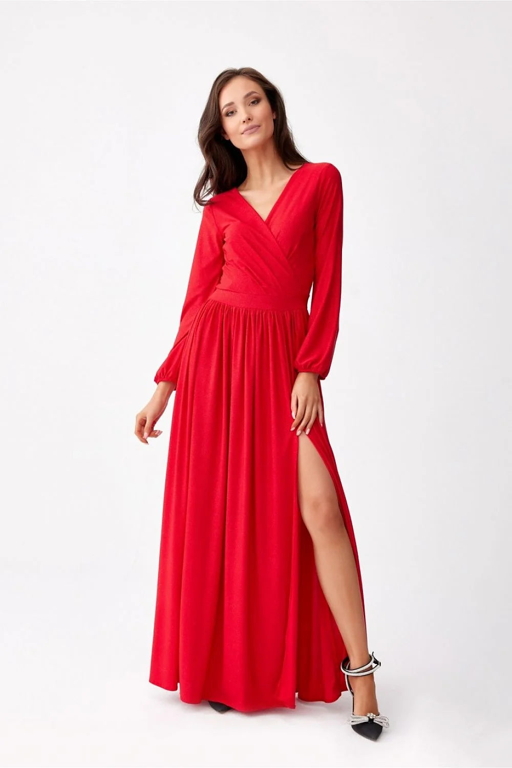 Robe longue élégante pour femmes, décolleté V croisé, manches longues, ceinture intégrée, couleur rouge vibrante, occasion spéciale, robe de soirée, mode高級
