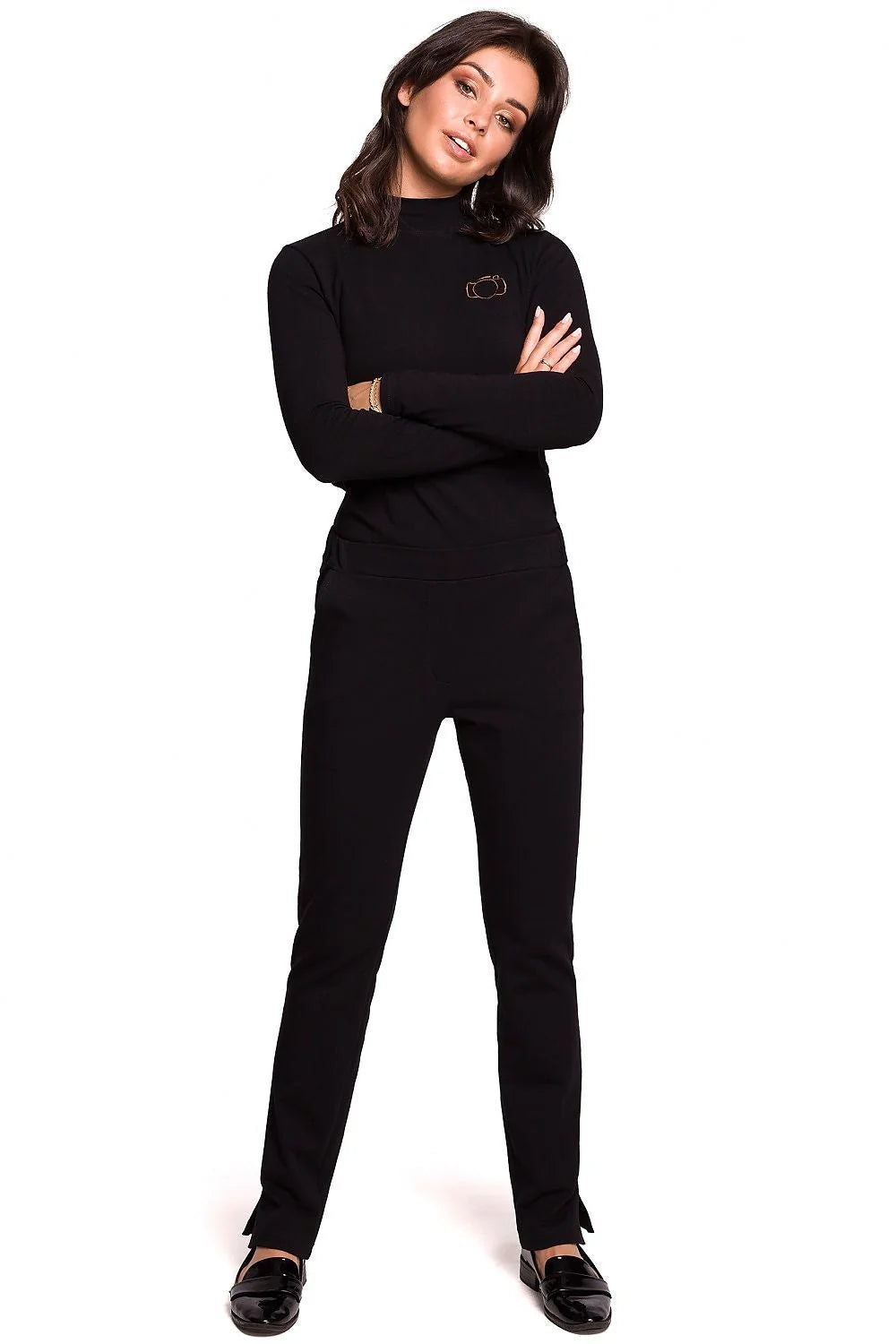 Ensemble coordonné femme coton noir style décontracté manches longues pantalon jambes droites confort quotidien