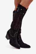 bottes cowboy femme ecodaim suededoux tigehaute broderiesmonochromes clous argentes boutpointu talon pilier mihaut silhouettefeminine fermetureeclair confortable intemporelles boheme western