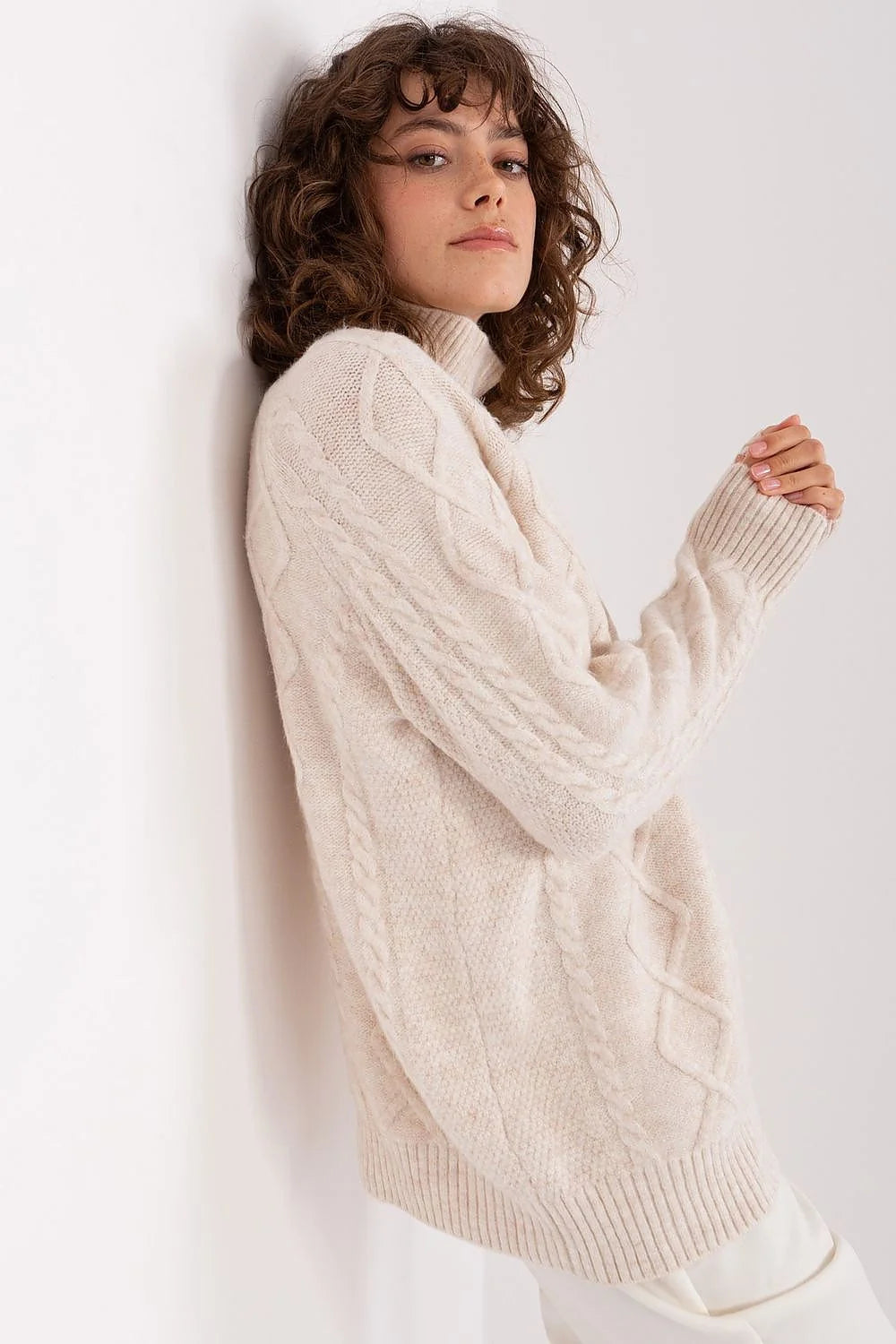 Pull femme élégant col roulé motif écossais acrylique doux longueur standard manches longues beige