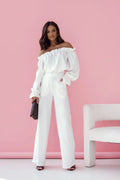 Ensemble chic moderne pour femme épaules nues volants manches longues blanc immaculé haute taille