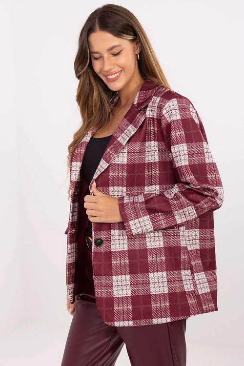 blazer carreaux femme tartan bordeaux blanc col cranté manches longues revers rabattus deux boutons doublée tissé texturé coupe oversize