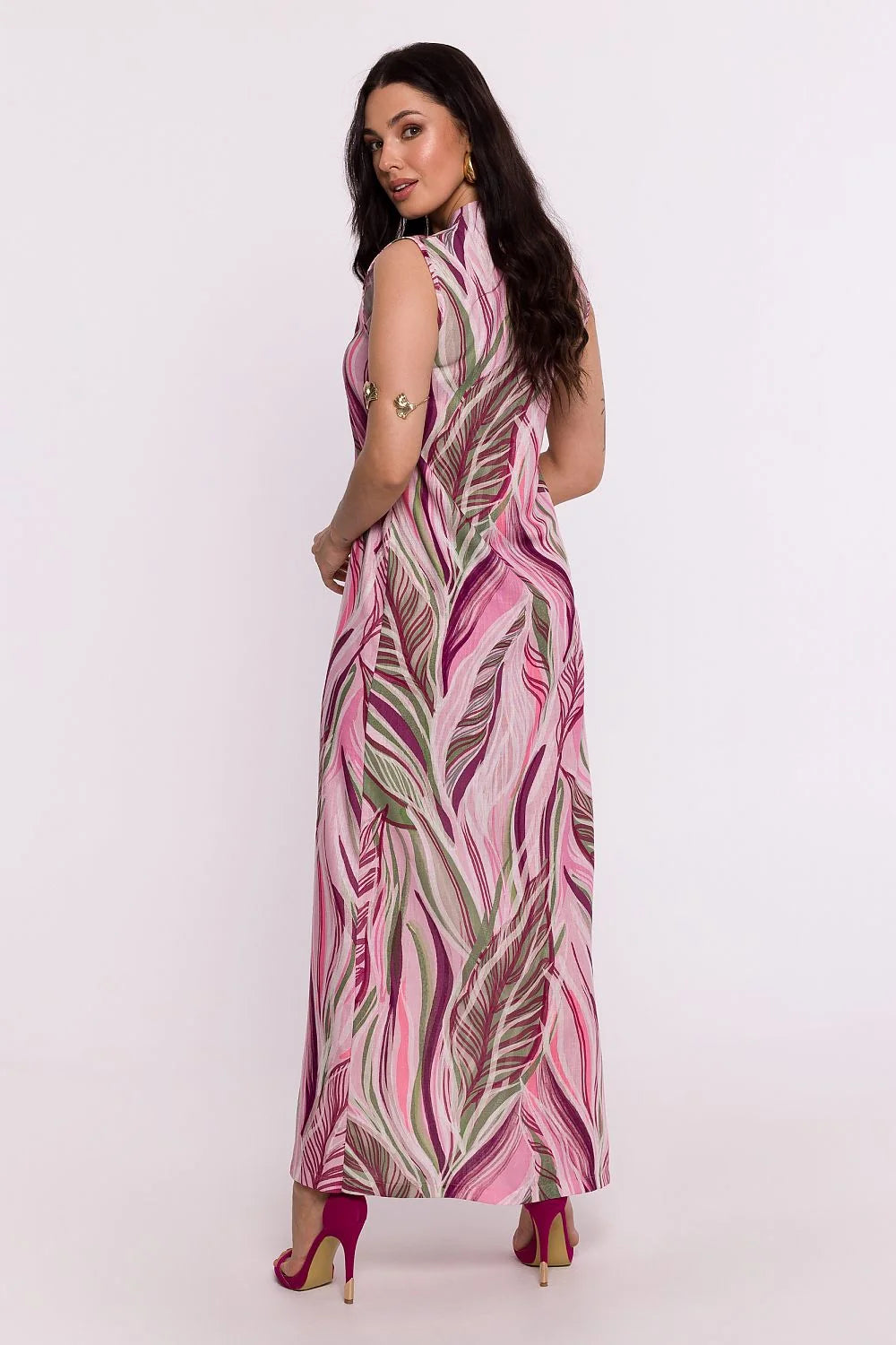 Robe longue Be Wear sans manches encolure en V imprimé feuilles tropicales coton lin femme été