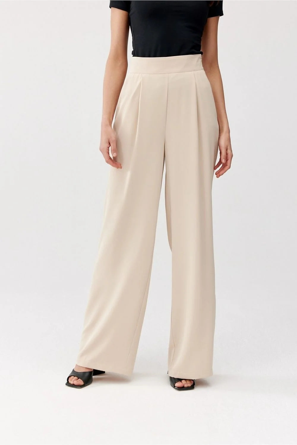 Combi femme élégante beige Bardot longues manches pantalon large taille haute style romantique polyester occasion spéciale