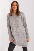 Long pull en maille femme élégant gris clair motif torsadé Irish style manches tombantes encolure ronde oversize