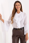 chemisier femme coton léger respirant voile blanc coupe ample semi transparent manches troisquarts volants col montant boutonné jabot romantique élégant
