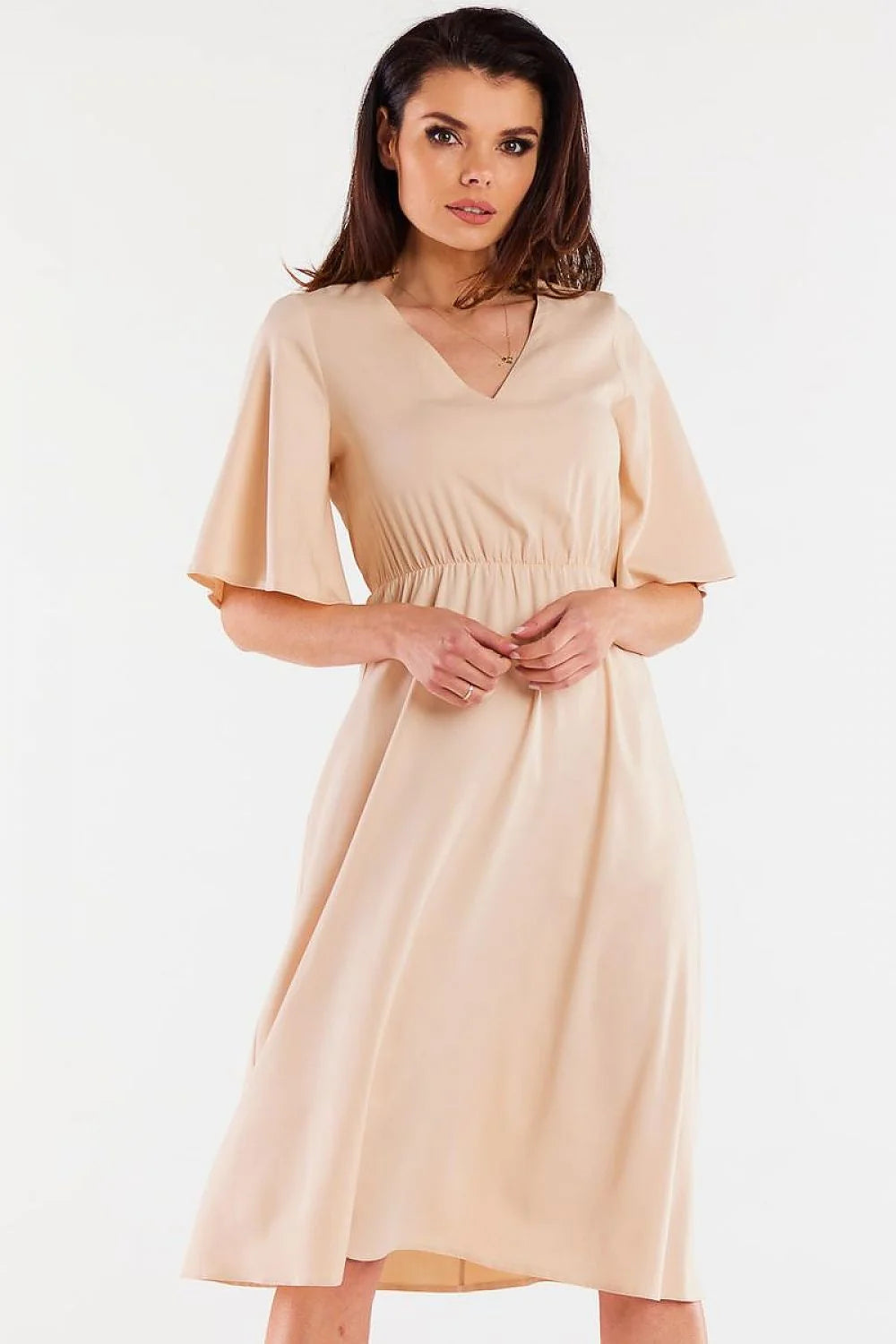 Robe de jour awama en viscose beige clair col en V manches larges taille élastique pour femme
